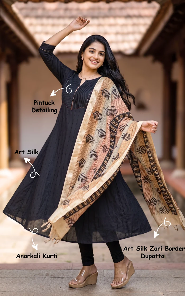 Black Anarkali Kurta with Beige Block-print Dupatta